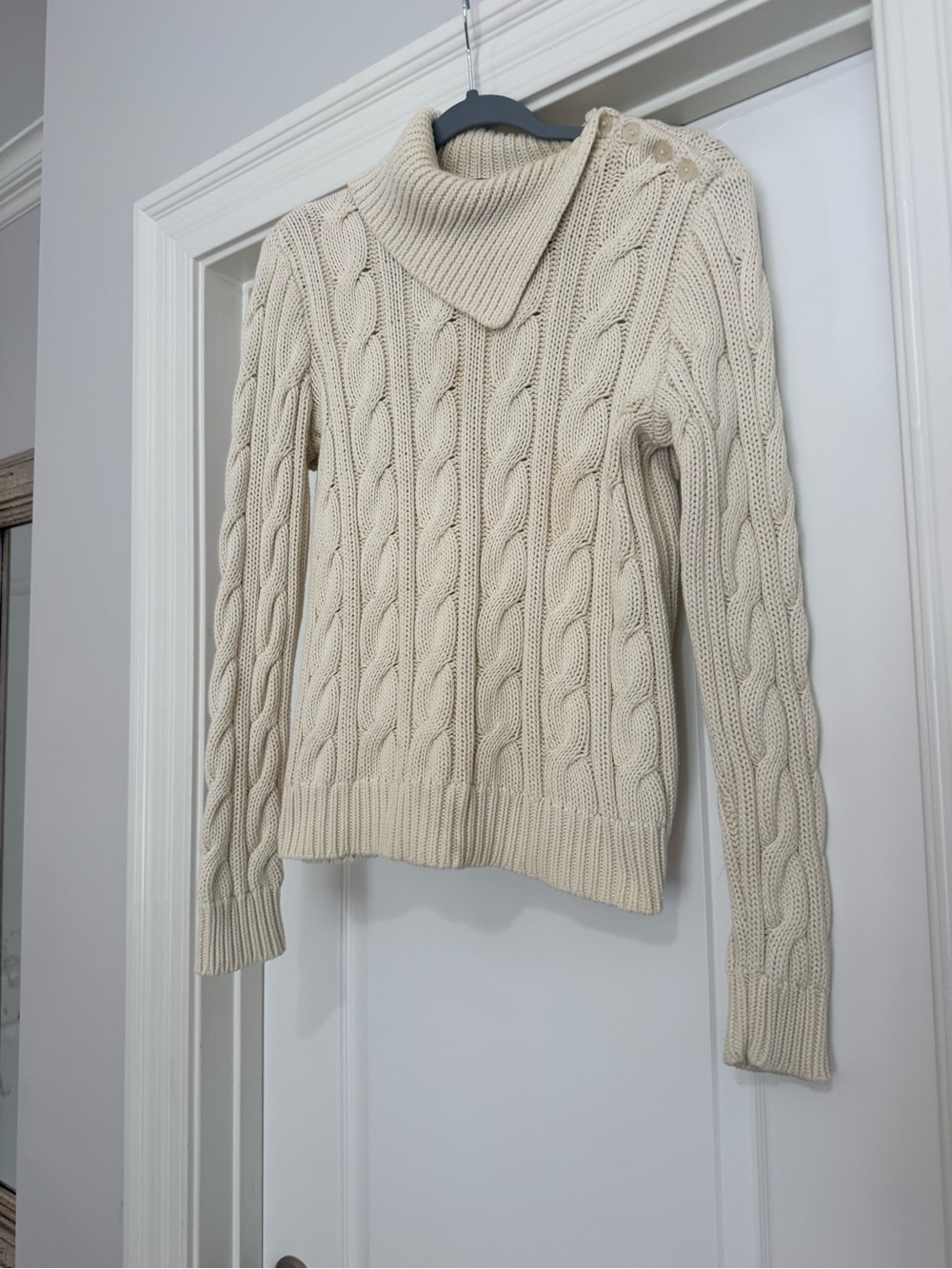 Ralph Lauren Cream Cable-Knit Turtleneck Sweater with Shoulder Buttons